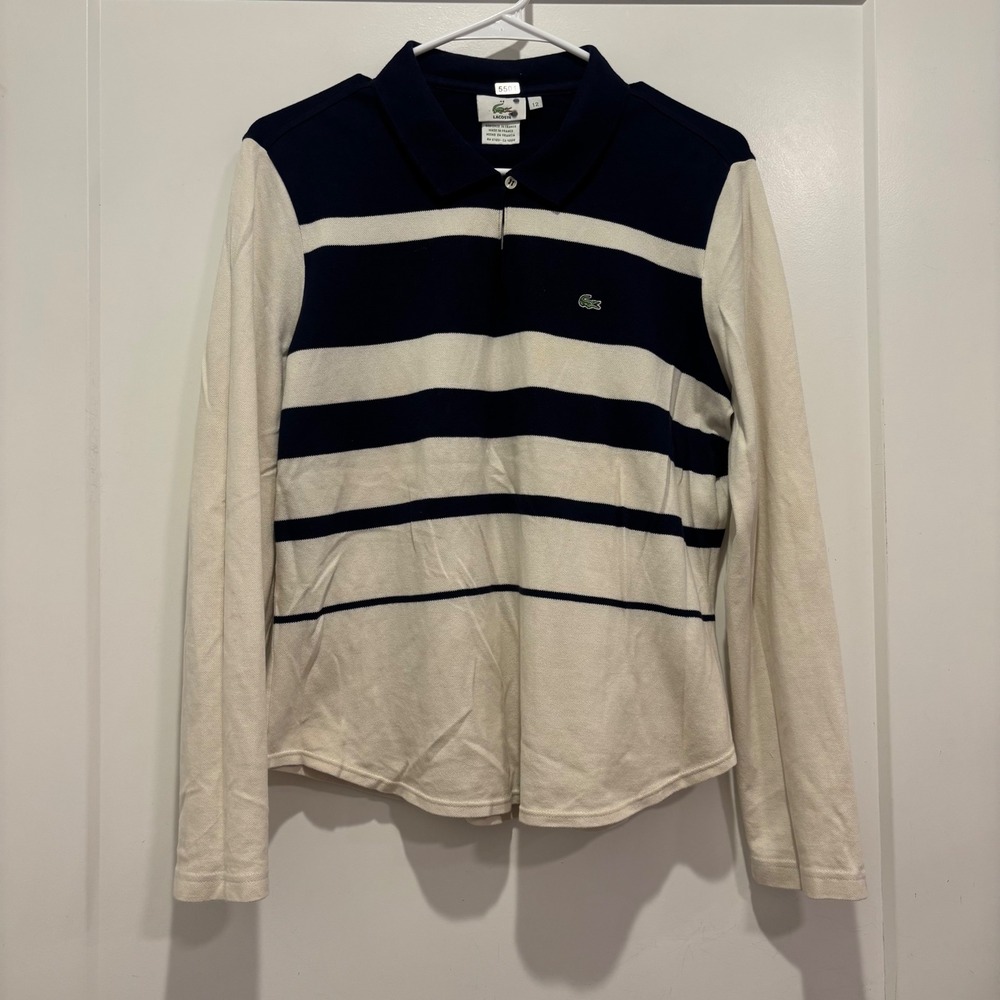 Lacoste Womens Long Sleeve Striped Polo Shirt Navy Blue Cream White Size 12 44